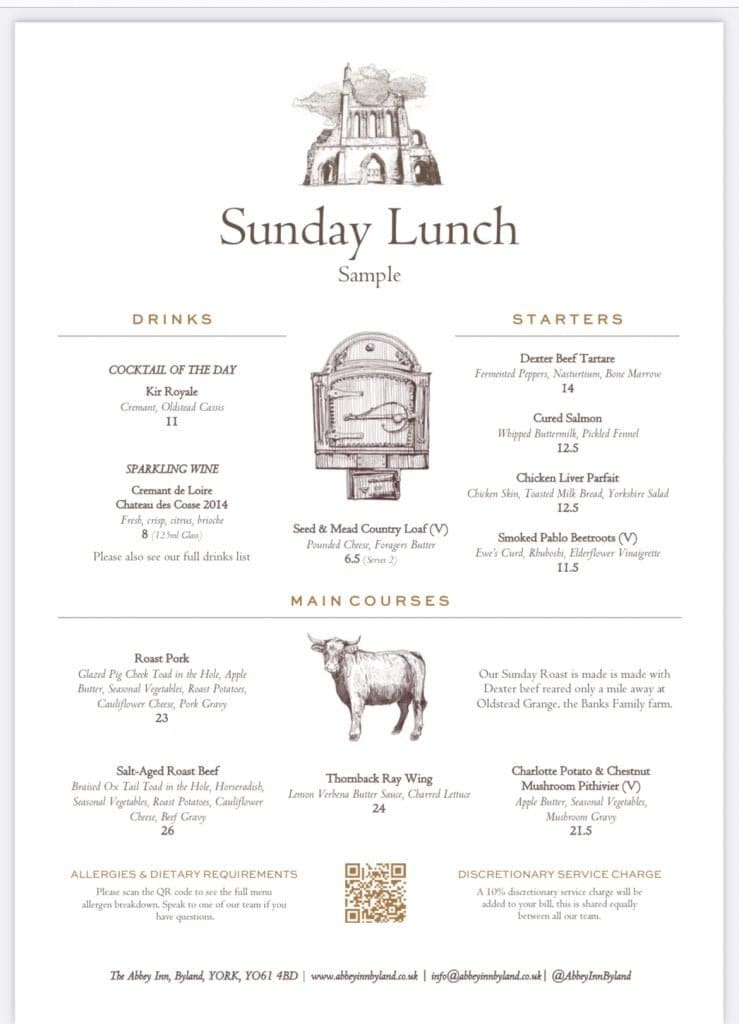 The Abbey Inn Byland York Sunday Lunch Menu